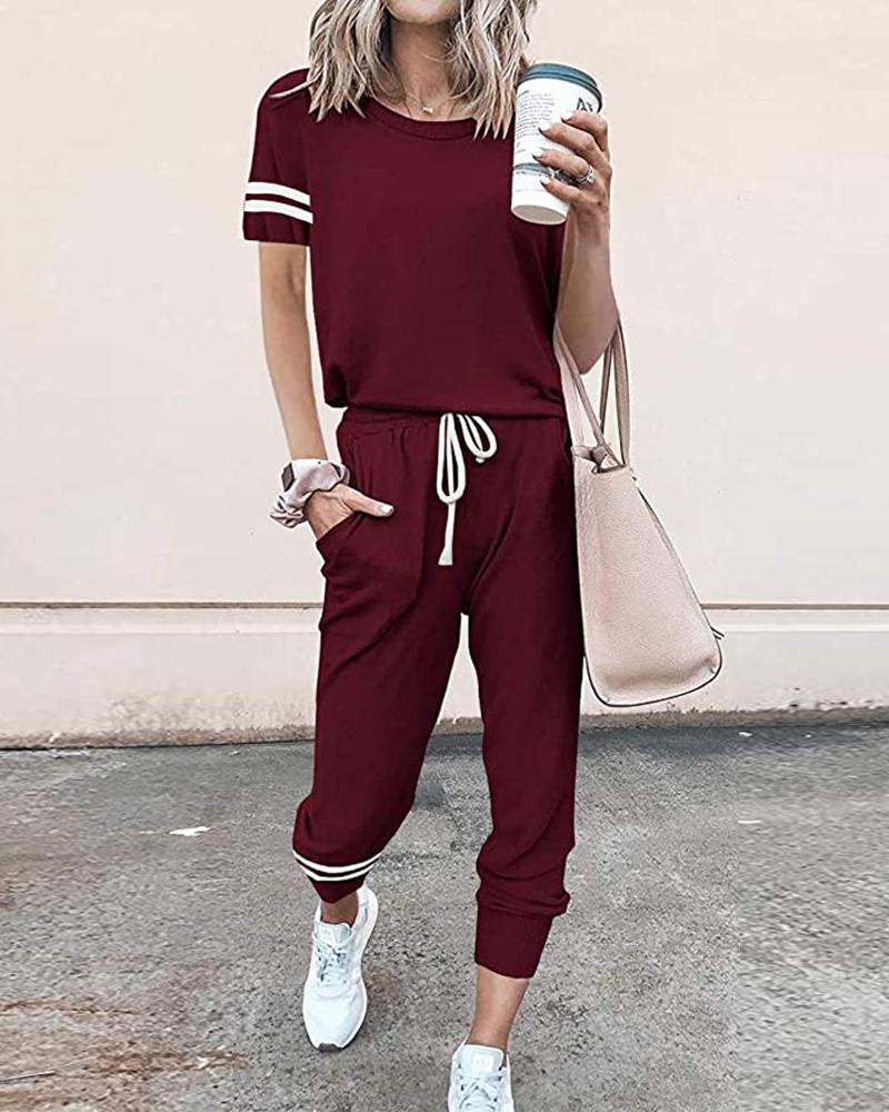 

Striped Print Short Sleeve Top & Drawstring Pants Set, Wine red