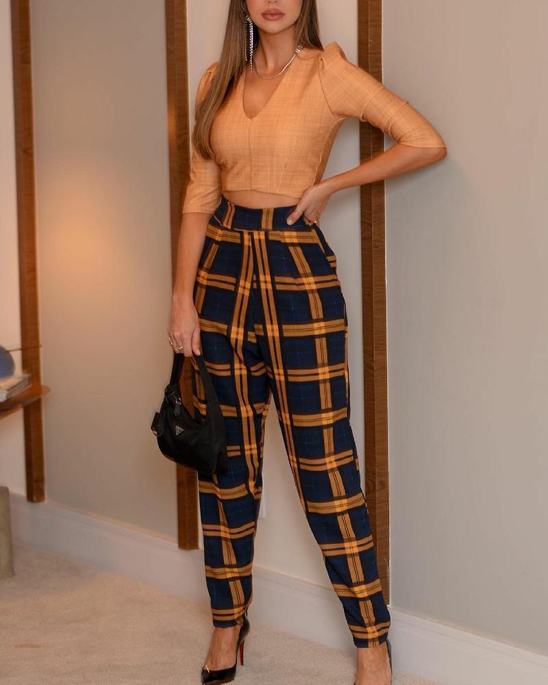 

V-Neck Puff Sleeve Crop Top & Plaid Print Pants Set, Orange