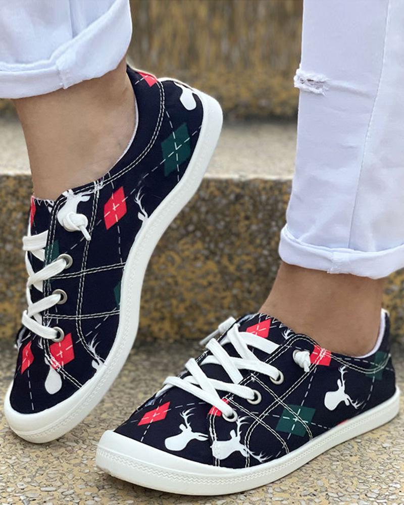 

Christmas Santa Tree Print Lace-up Canvas Slip-On, Black&red