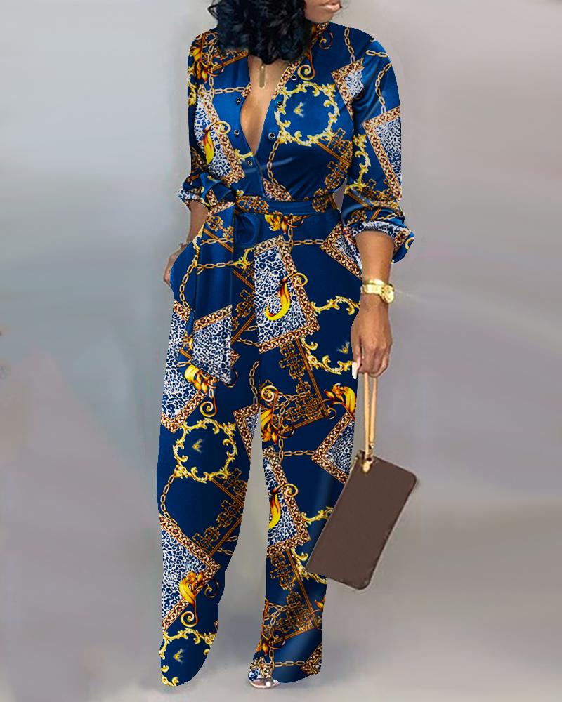 

Scarf Chain Print Long Sleeve Belted Jumpsuit, Blue