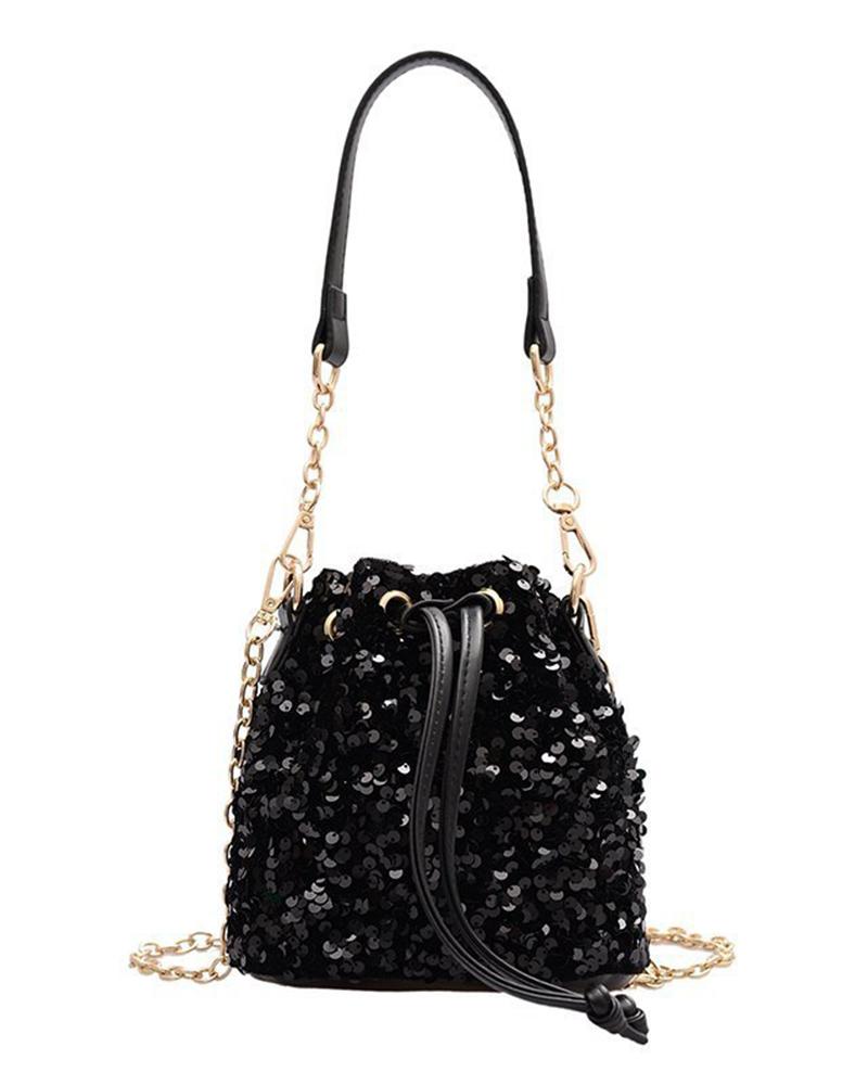 

Allover Sequin Drawstring Bucket Bag, Black