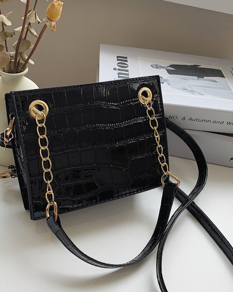 

Chain Strap Crocodile Square Crossbody Bag, Black