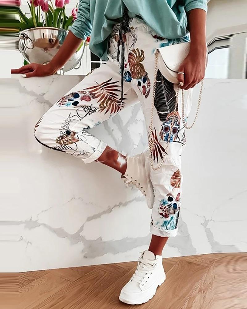 

Tropical Print Drawstring Pocket Design Sweatpants, White