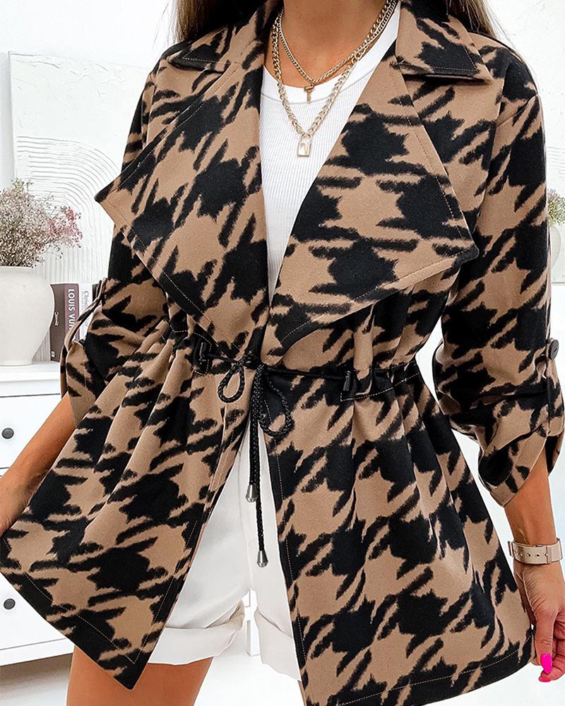 

Houndstooth Print Drawstring Roll Up Sleeve Coat, Brown