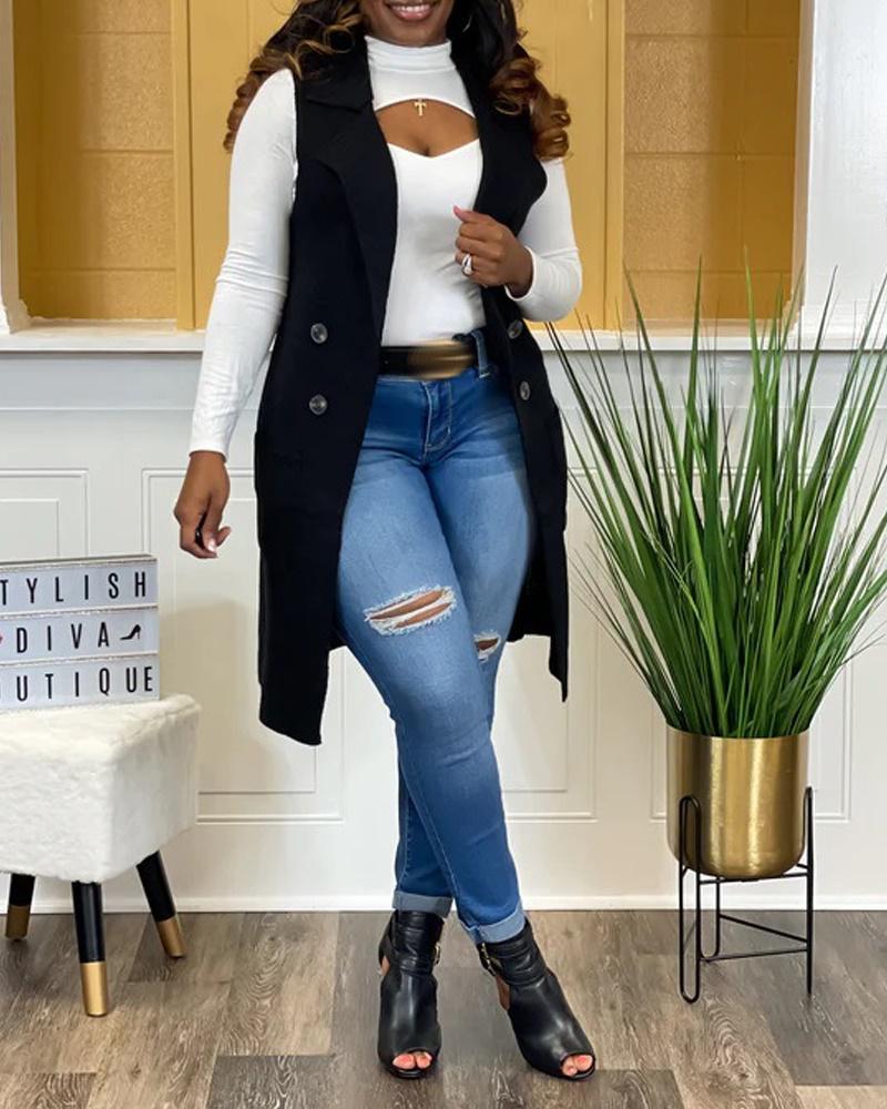

Double Breasted Patch Pocket Cardigan Vest, Black