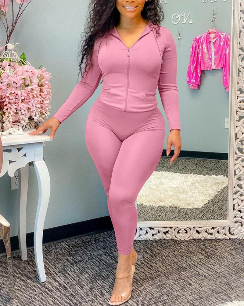 

Long Sleeve Zip Up Hooded Top & Sports Leggings Set, Pink