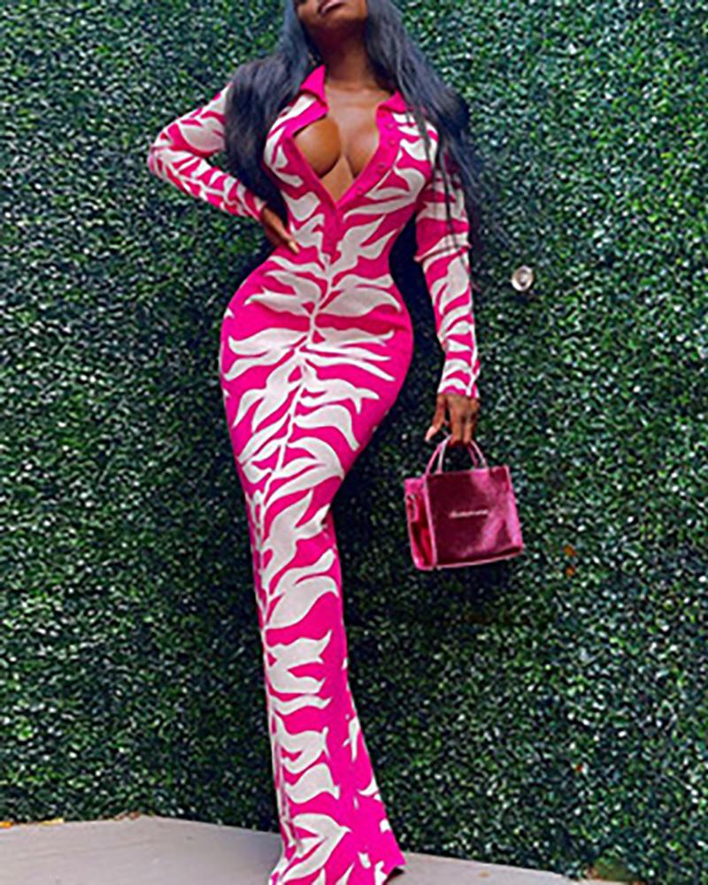 

Leaf Print Long Sleeve Buttoned Skinny Evening Dress, Hot pink