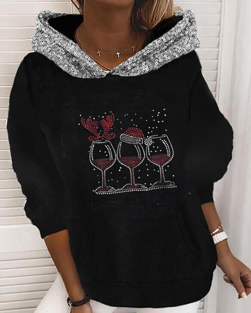 

Christmas Graphic Print Sequin Patch Hooded Top, Style3