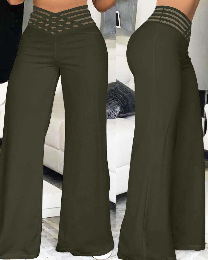 

Crisscross Sheer Mesh Patch High Waist Pants, Army green