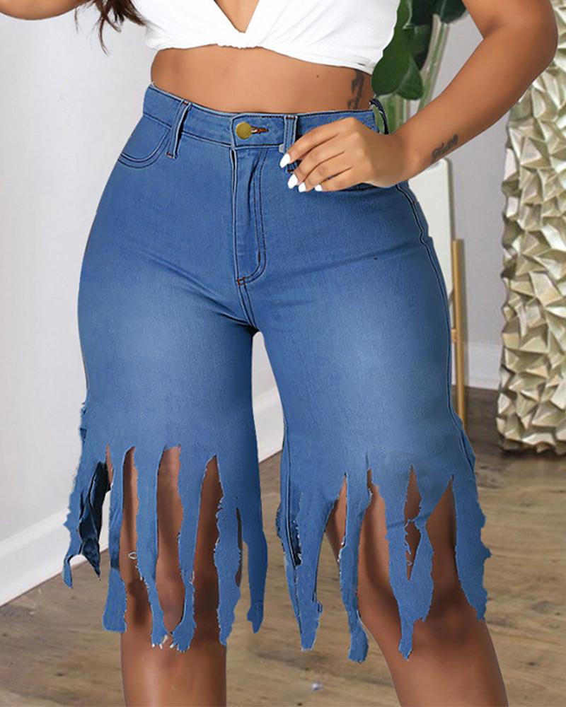

High Waist Tassel Trim Jeans, Blue