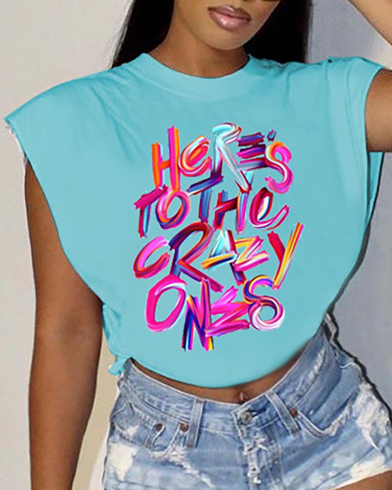 

Letter Print Cap Sleeve T-shirt, Blue
