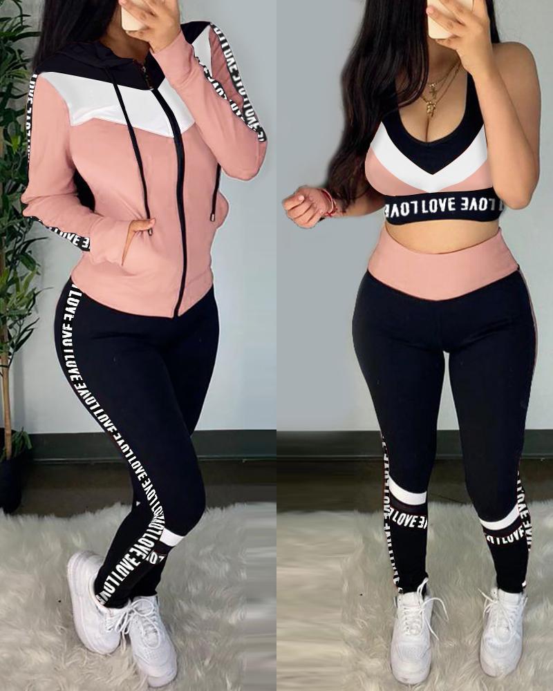 

Letter Print Crop Top & High Waist Pants & Hooded Coat Set, Pink