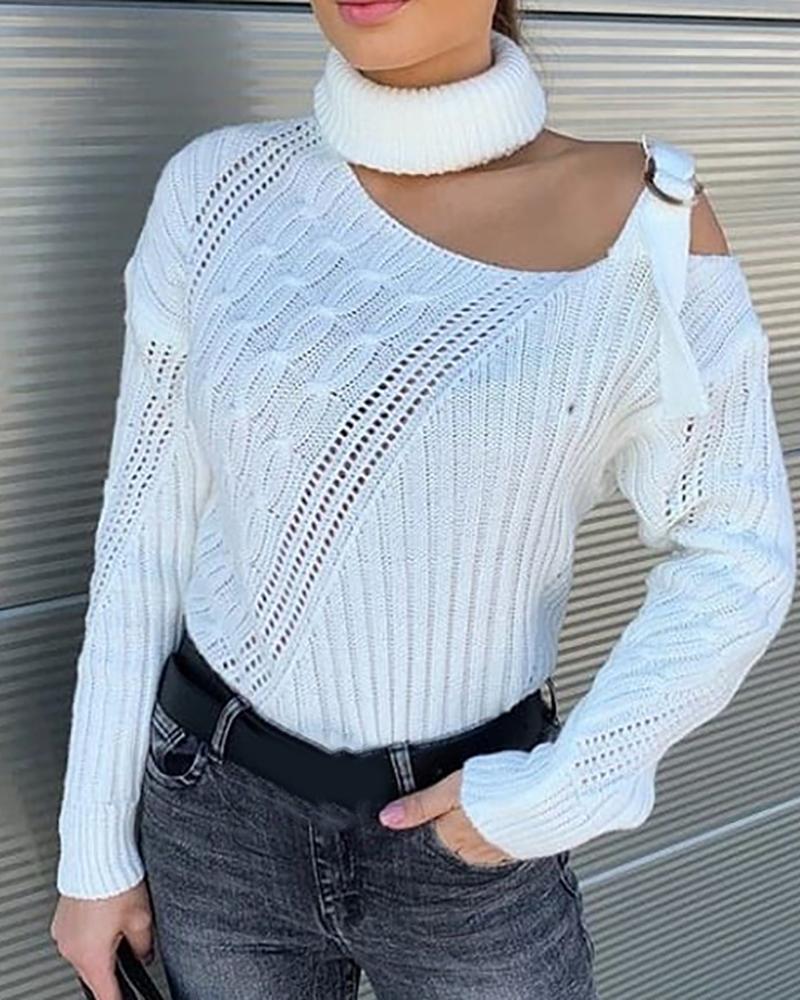 

One Shoulder Buckled Knit Hollow Out Sweater, White