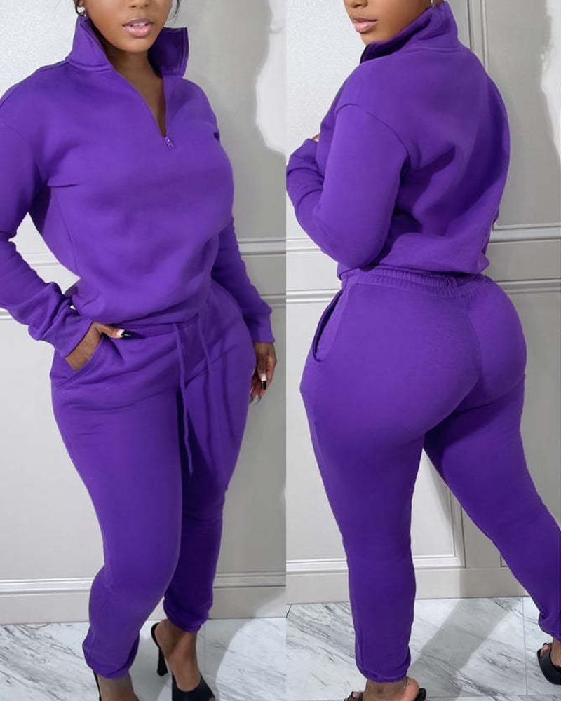 

Long Sleeve Zip Detail Casual Top & Drawstring Pants Set, Purple