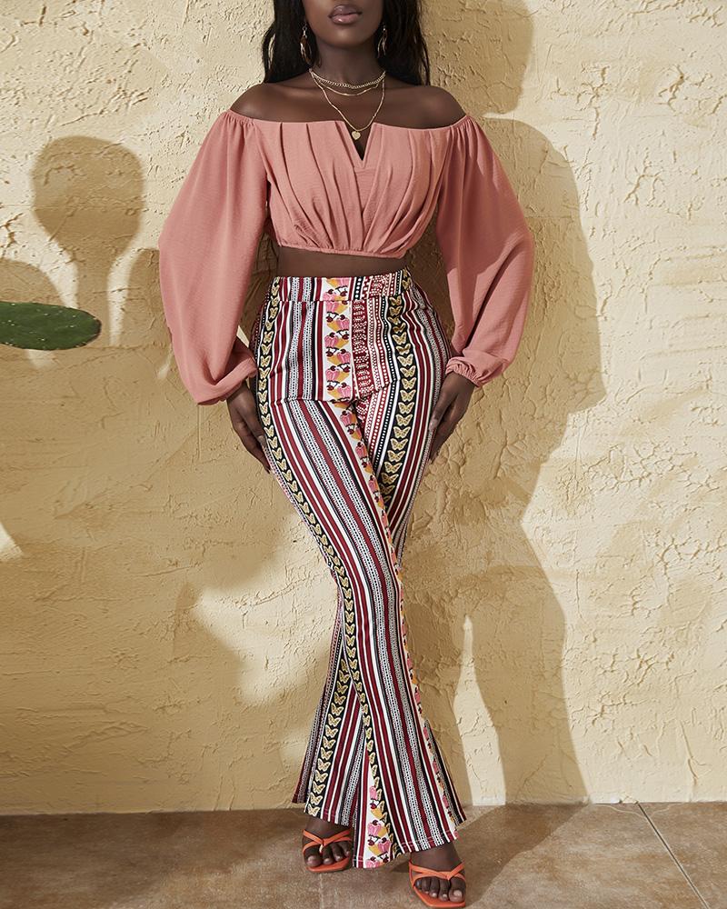 

Off Shoulder Ruched Top & Tribal Print Pants Set, Pink