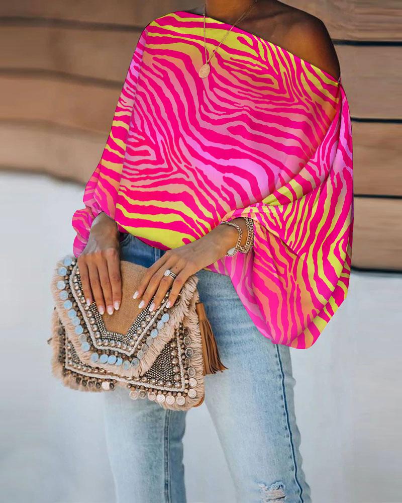 

Zebra Stripe Print Lantern Sleeve Top, Multicolor