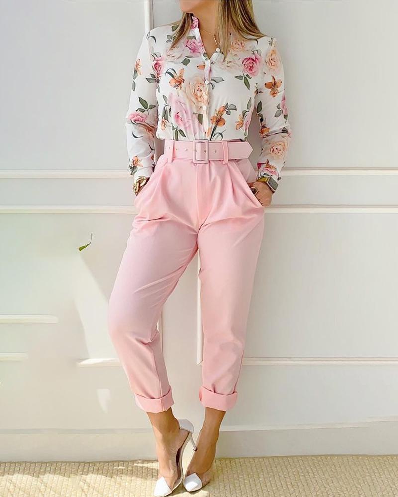 

Buttoned Floral Print Top & Plain Pocket Design Pants Set, Light pink