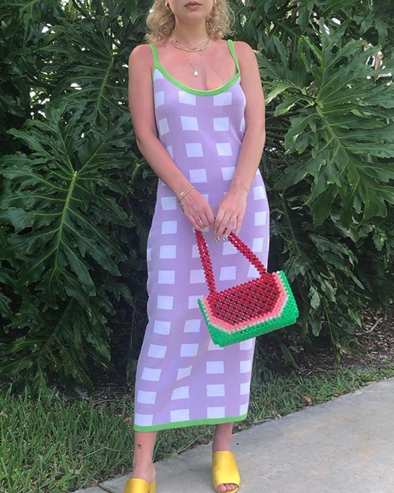 

Color Block Plaid Sling Knitted Maxi Dress, Purple