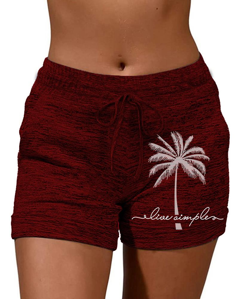 

Live Simple Coconut Tree Print Drawstring Shorts, Wine red