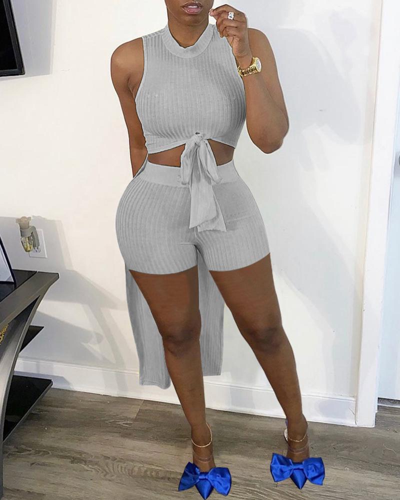 

Round Neck Dip Hem Ribbed Top & Shorts Set, Gray
