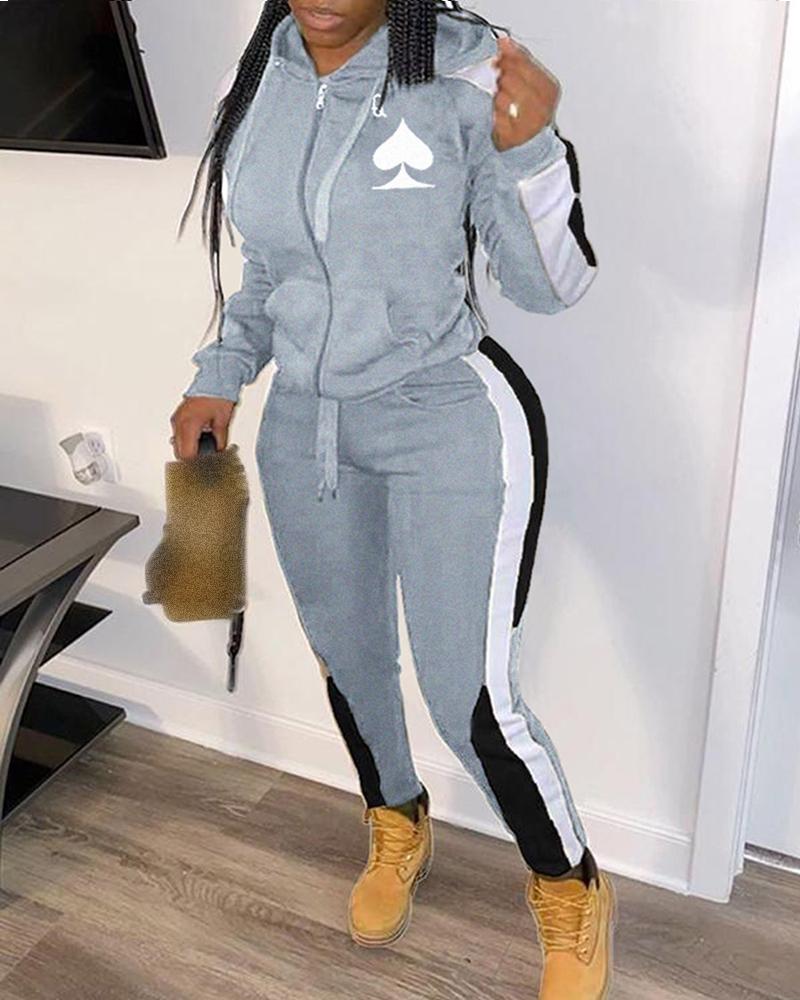 

Poker Print Colorblock Hooded Top & Drawstring Pants Set, Gray