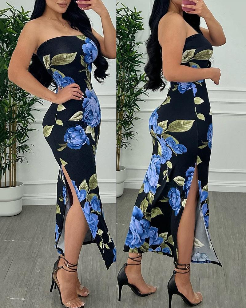 

Bandeau Slit Floral Print Dress, Blue