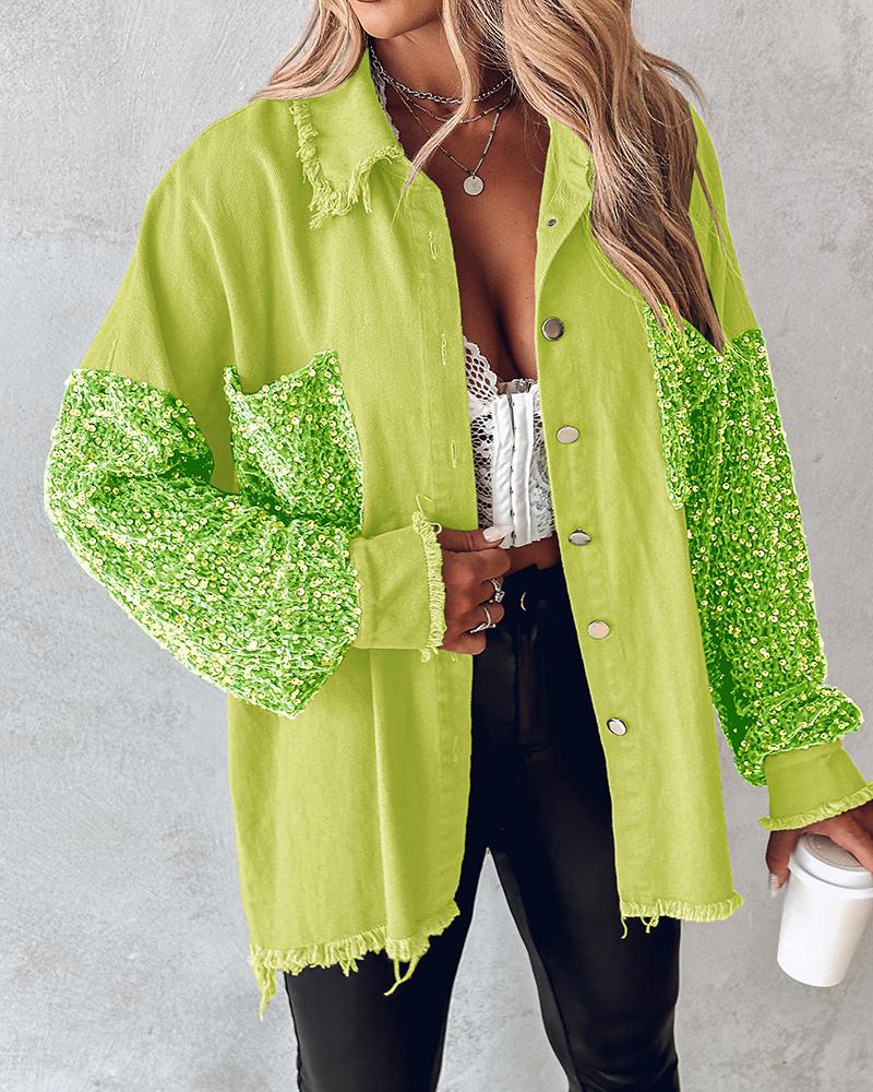 

Casual Jacket Sequin Patchwork Long Sleeve Jacket Top Button Front Raw Hem Oversized Denim Shacket, Light green