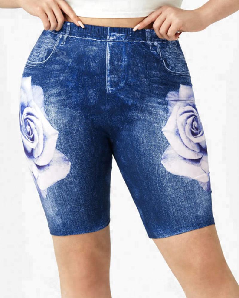 

Plus Size Denim Look Floral Print Biker Shorts, Blue