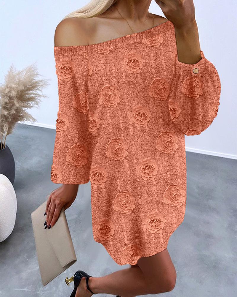 

Vestido casual com detalhe de rosas e ombros de fora, manga comprida, ajuste solto, mini vestido, Orange