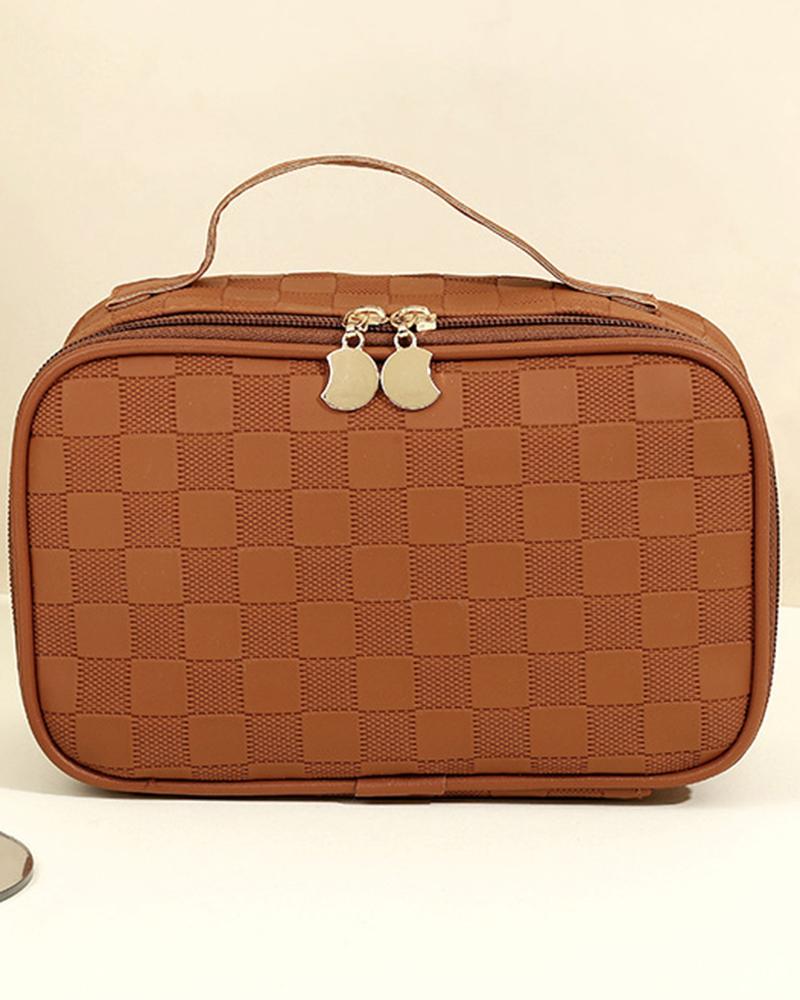 

Plaid Large Capacity Waterproof Travel Cosmetic Portable Case Organizer Makeup Bag Toiletry Bag, Brown