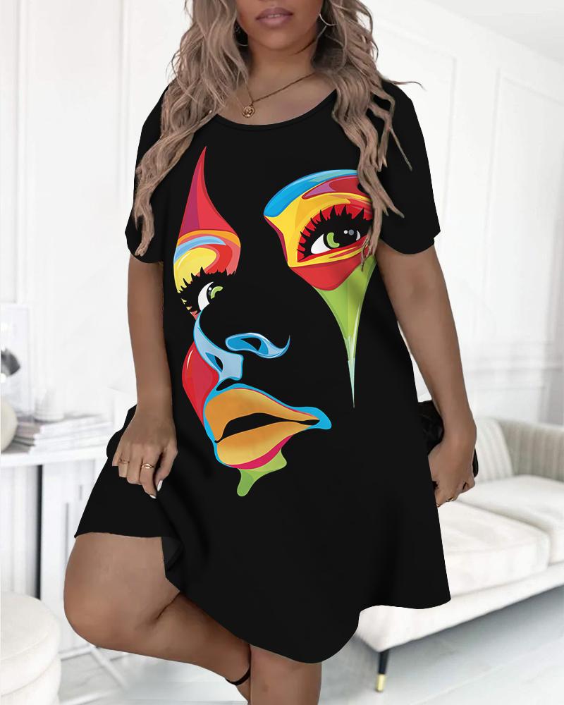 

Plus Size Figure Print Short Sleeve Sleep Dress, Black