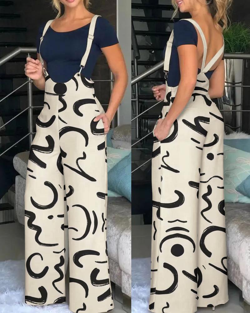 

Abstract Print Wide Leg Suspender Jumpsuit, Apricot