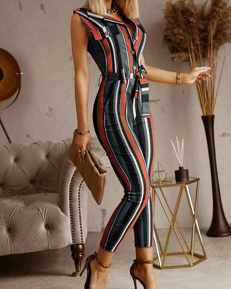 

Pocket Design Sleeveless Striped Jumpsuit With Belt, Multicolor