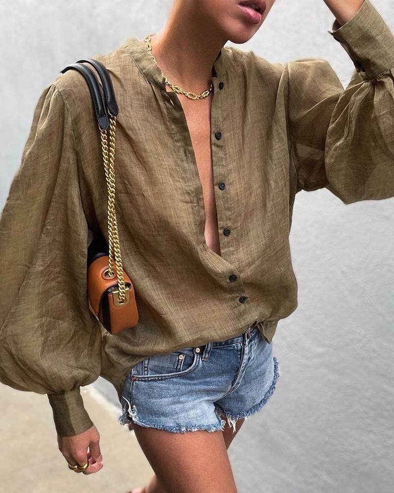 

Puff Sleeve Button Up Oversized Top, Brown