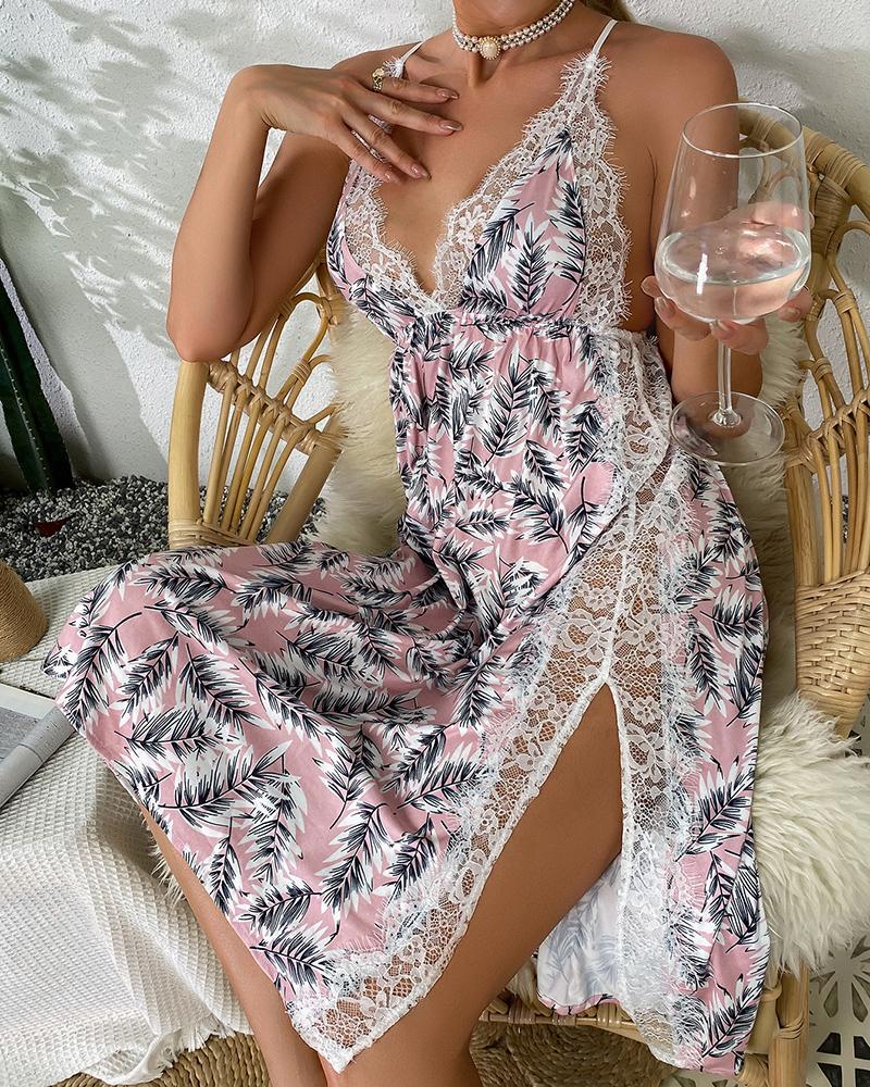 

Plants Print Slit Crisscross Backless Lace Sleep Dress, Pink