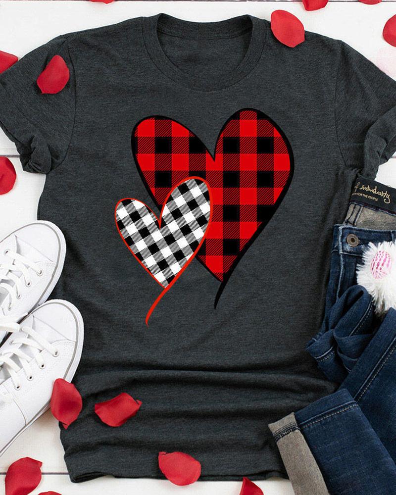 

Short Sleeve Heart Plaid Print Casual Top, Gray