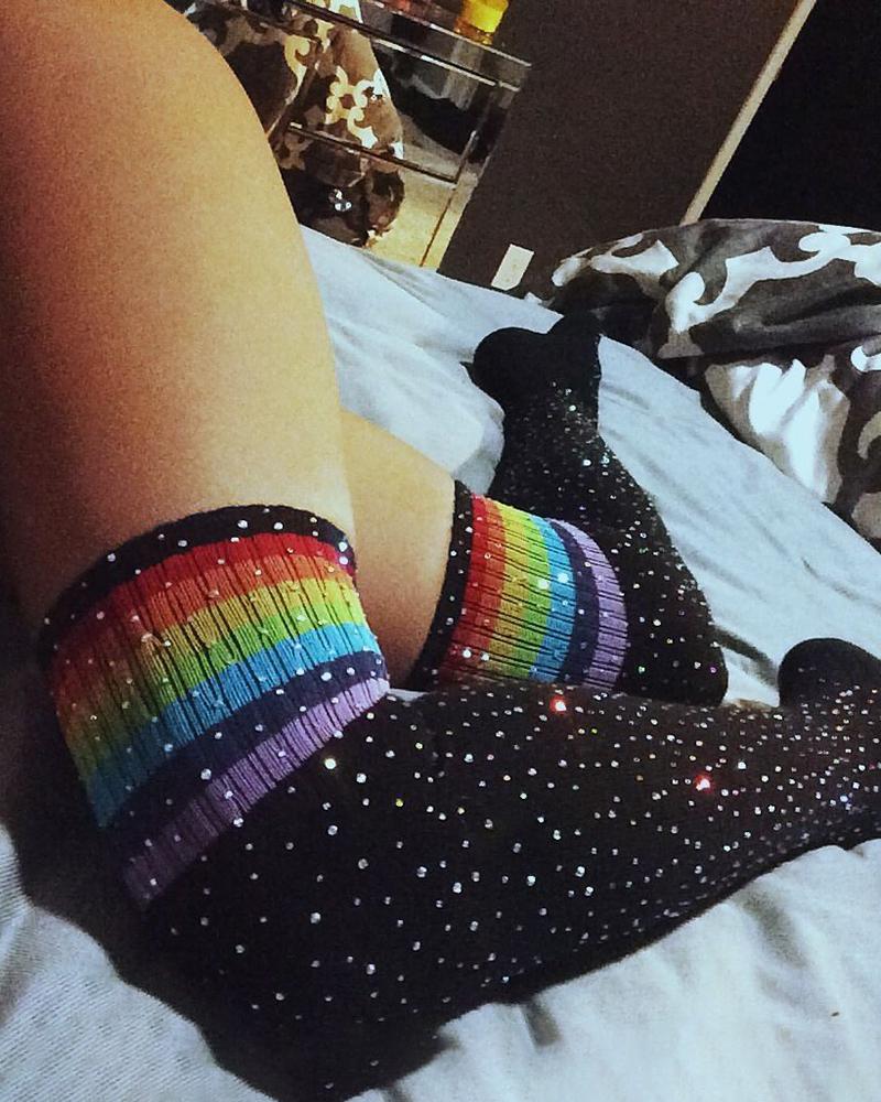 

1Pair Rainbow Stripe Print Rhinestone Decor Long Socks, Black
