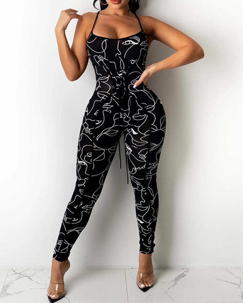 

Abstract Print Lace-up Contrast Piping Jumpsuit, Black