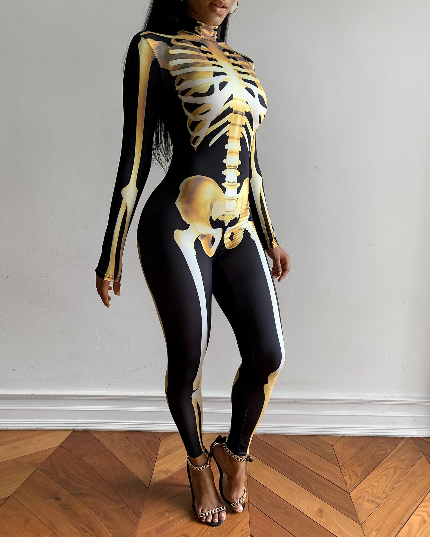 

Skull Skeleton Print Zip Back Halloween Costume Jumpsuit, Style2
