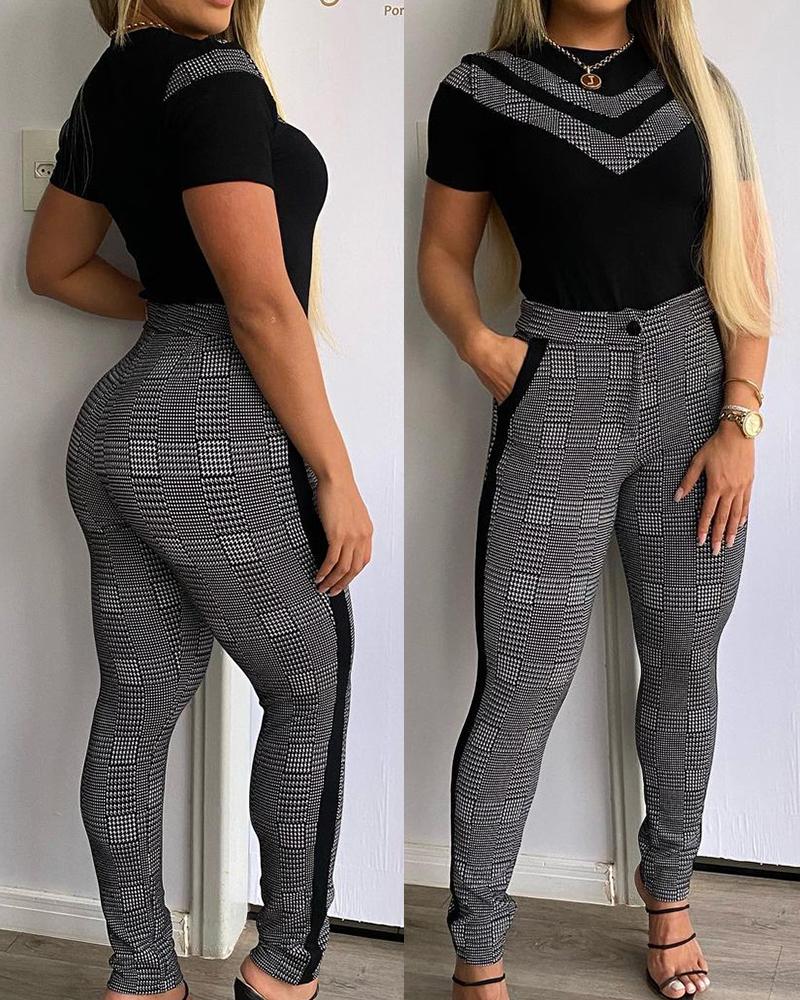 

Houndstooth Print Short Sleeve Top & Pocket Design Pants Set, Black