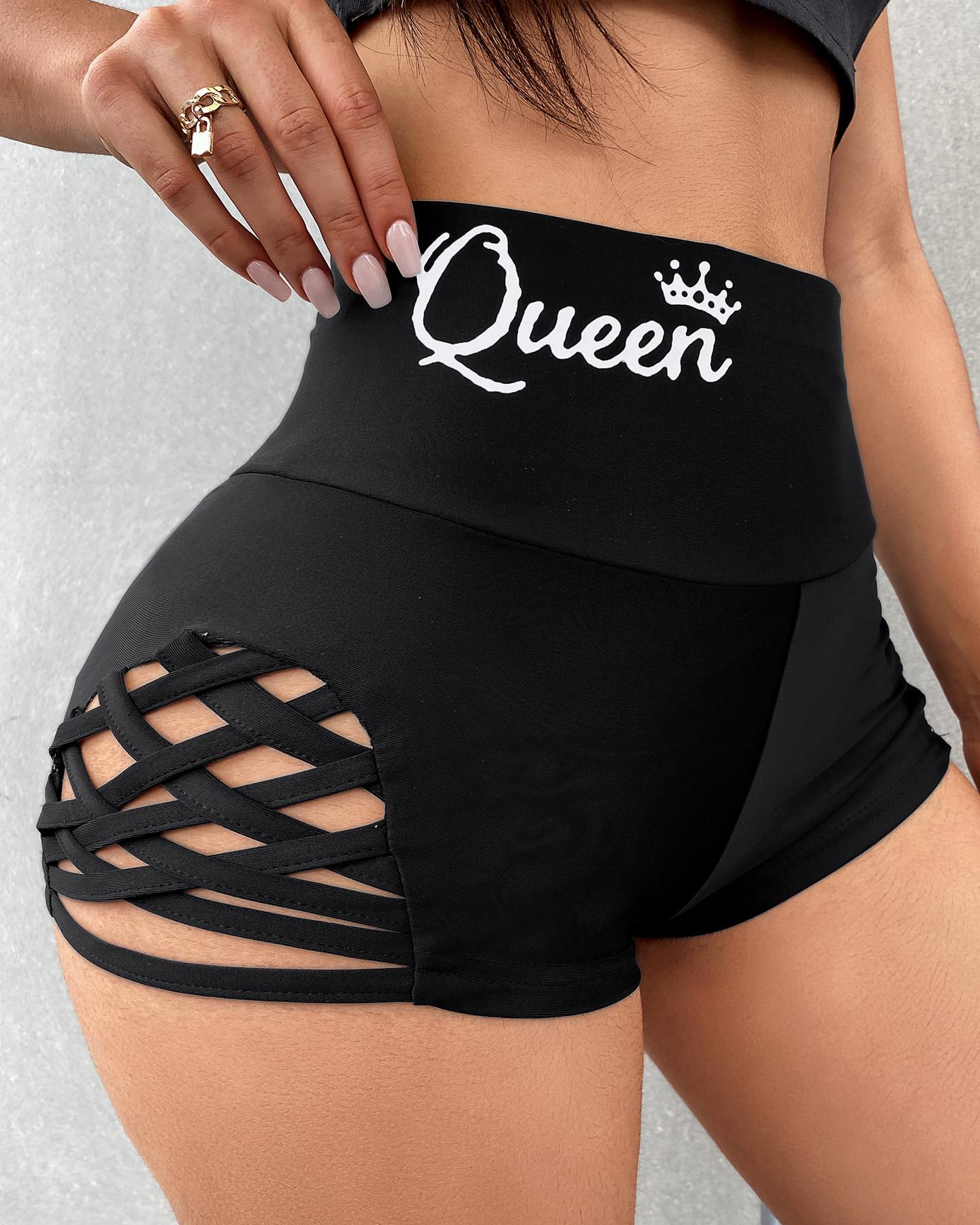 

Letter Print Bandage Cutout High Waist Shorts, Black