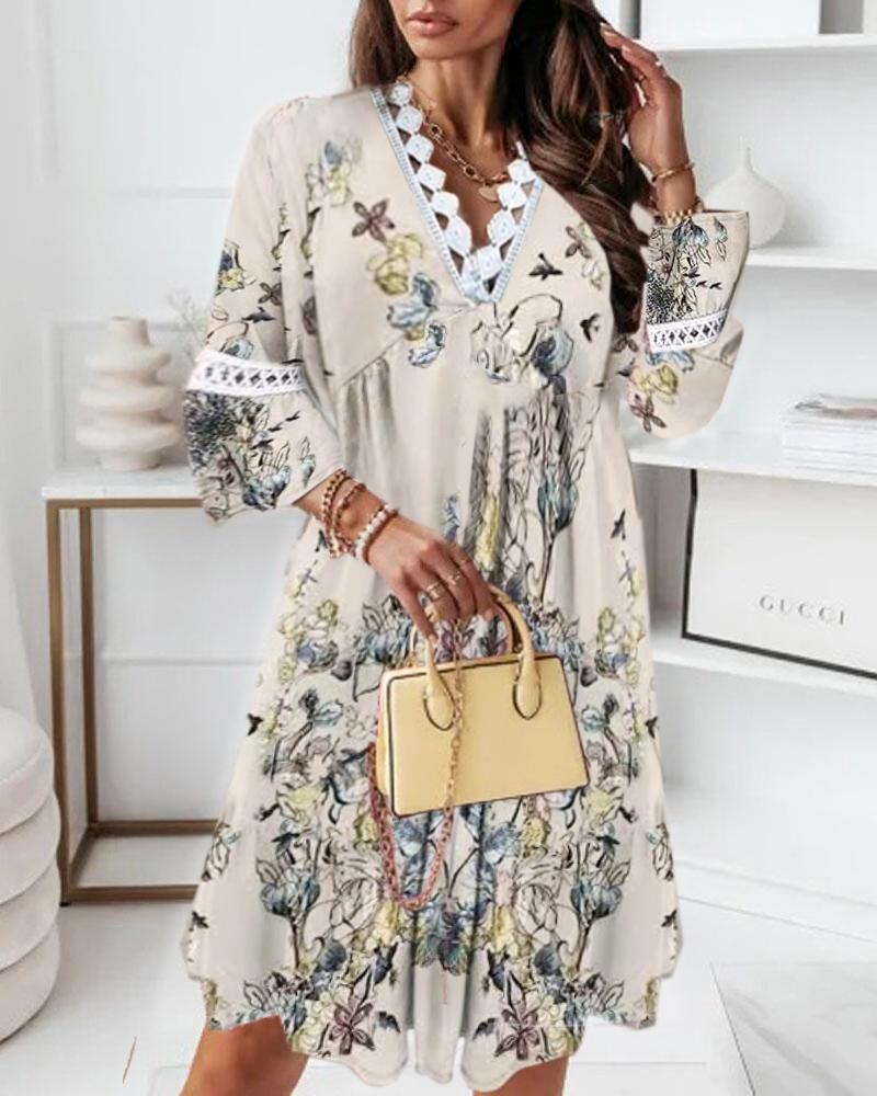 Floral Print Contrast Lace Bell Sleeve Casual Dress