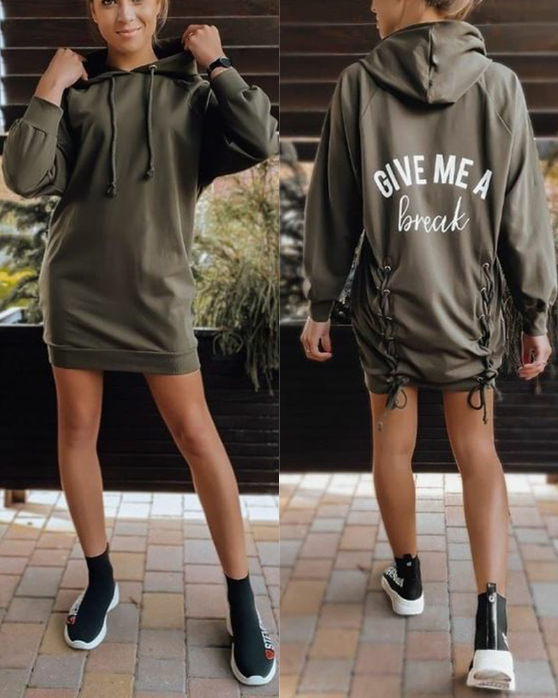 

Letter Print Eyelet Lace-Up Hooded Sweatshirt Dress, Green