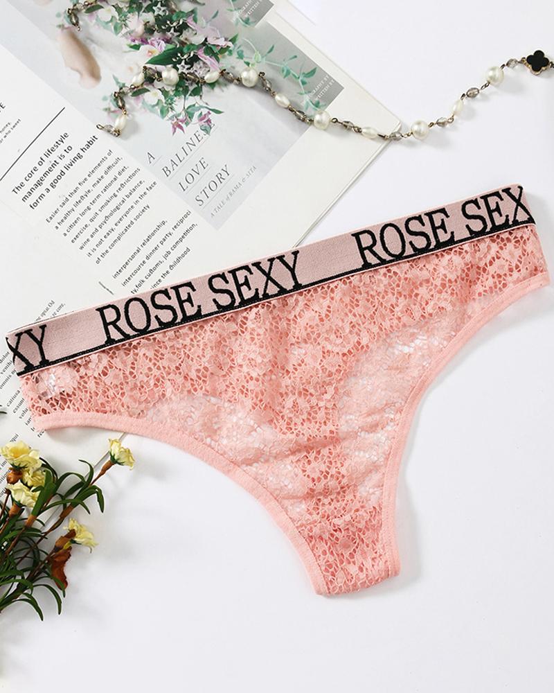 

Hollow-out Seeing Through Letter Print Low Waist Skinny Sexy Short Panties, Pink