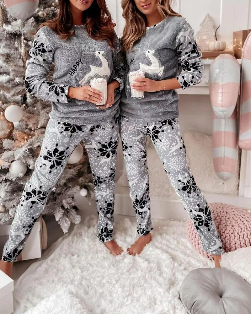 

Christmas Snowflake Elk Print Fluffy Pajamas Set, Gray