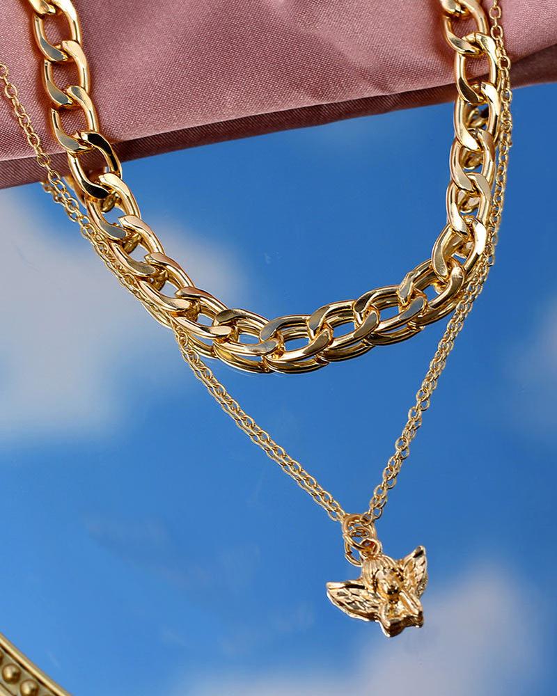 

Punk Layered Chain Angel Pattern Pendant Necklace, Gold