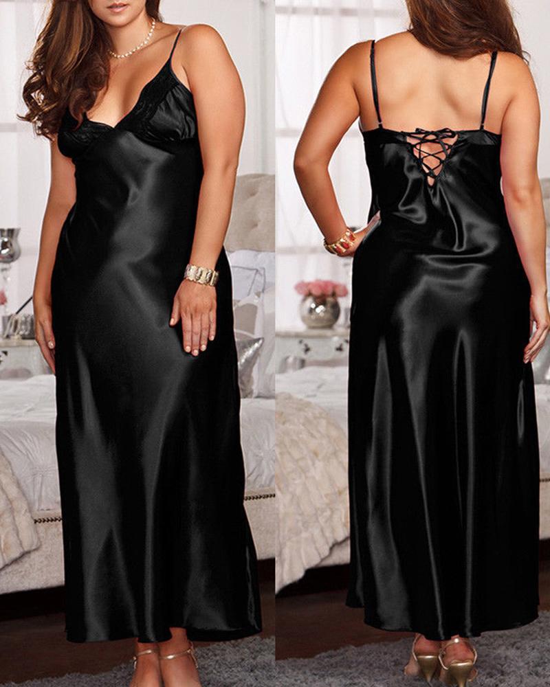 

Lace-up Backless Satin Maxi Nightgown, Black