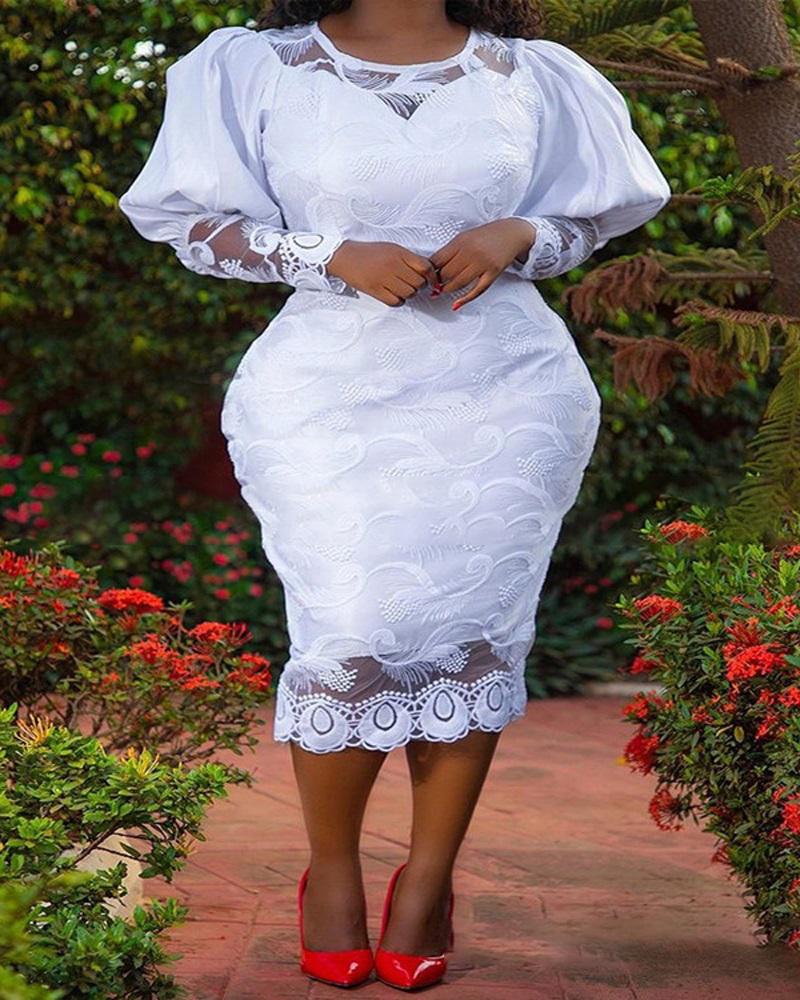 

Gigot Sleeve Round Neck Lace Dress, White