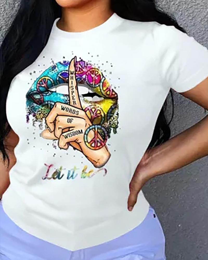 

Letter Lip Graphic Print O-neck T-shirt, White