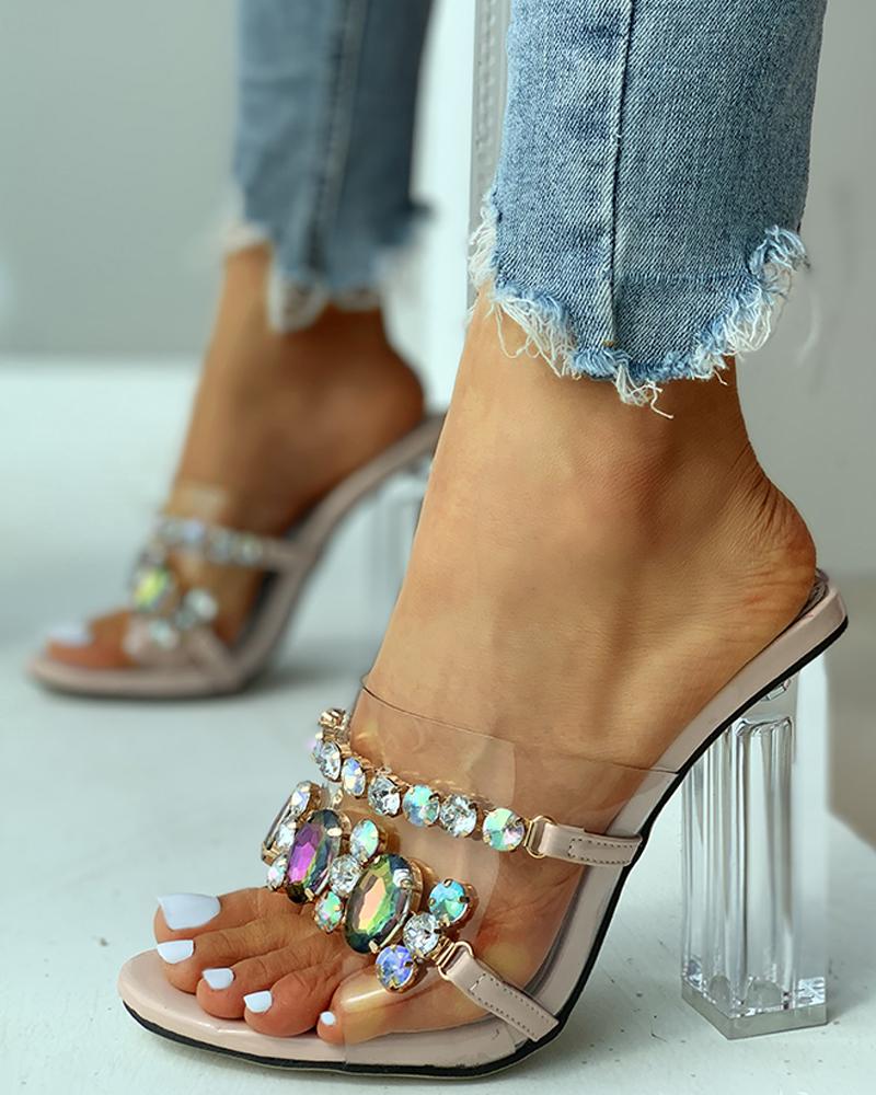 

Transparent Strap Rhinestone Heeled Sandals, Apricot